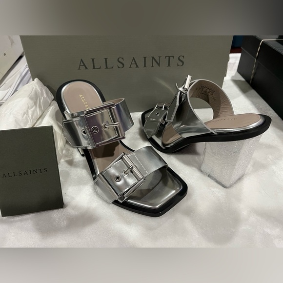 AllSaints Camille Silver Chrome Mirror Block Heel Sandals Sz 36 NIB - Picture 8 of 8